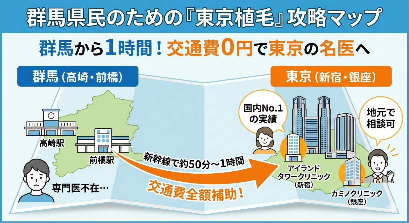 群馬から東京への自毛植毛通院ルート図解。新幹線で1時間、交通費補助を利用してアイランドタワークリニックやカミノクリニックへ通う賢い戦略。
