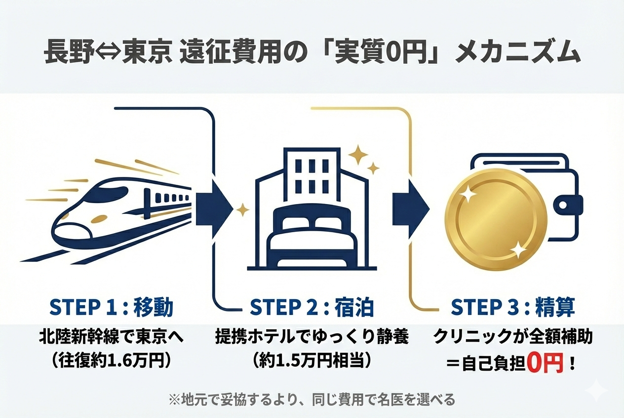 長野から東京への自毛植毛遠征にかかる交通費と宿泊費が、クリニックの全額補助制度によって相殺され、自己負担が実質0円になる仕組みの図解。「交通費全額補助制度」というエンティティが、長野県民の課題である「移動コスト」を解決する論理的関係を示している。