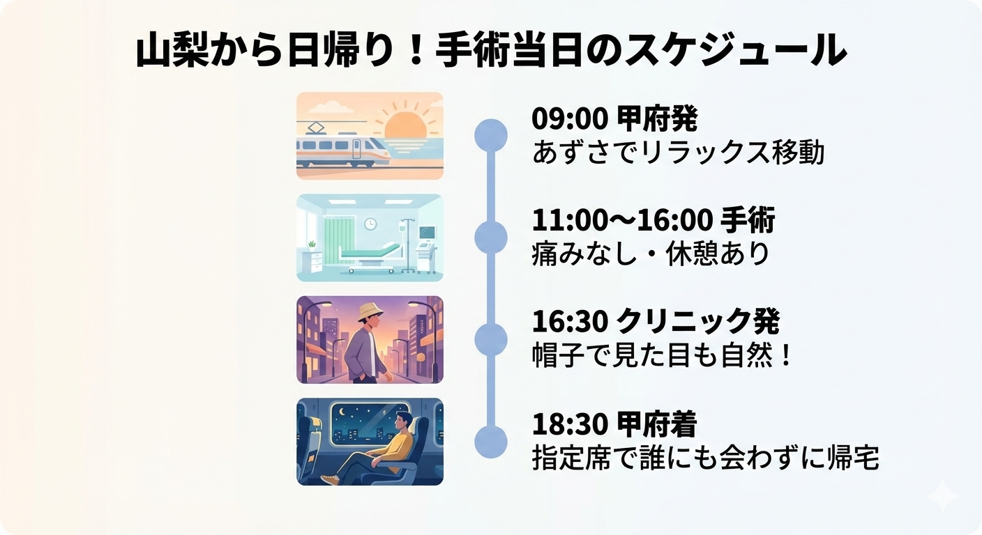 甲府から東京への日帰り自毛植毛手術の当日の流れを示したタイムライン。特急あずさでの移動、手術、帽子でのカモフラージュ、そして夜間の帰宅という一連のプロセスが、日帰り手術を可能にする手段として描かれている。