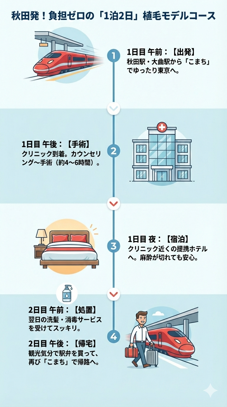 秋田新幹線こまちを利用した1泊2日の自毛植毛手術スケジュールフロー図