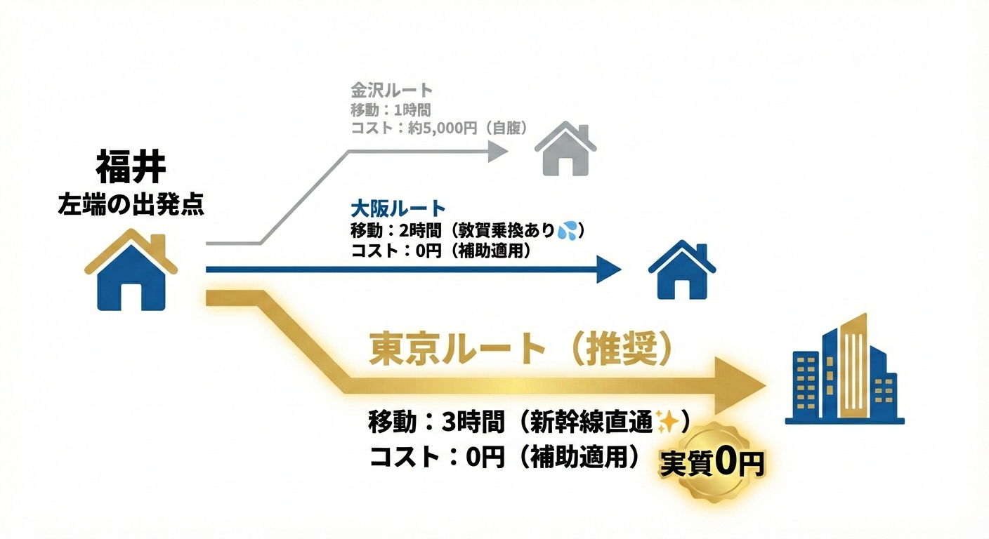 福井から金沢、大阪、東京への移動時間と交通費の比較図。東京行きは交通費補助により実質0円になることを示している。