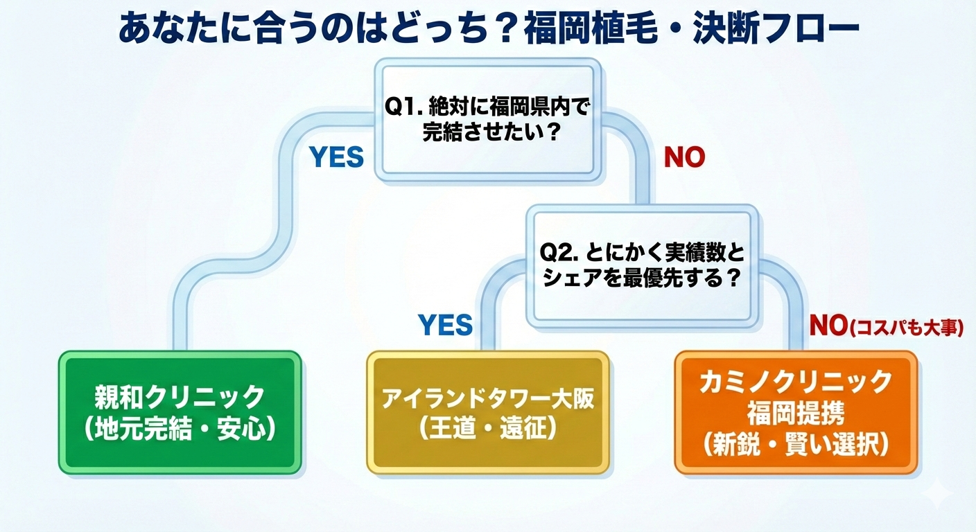 福岡で自毛植毛を選ぶためのフローチャート図。地元完結を望むなら「親和クリニック」、実績最優先なら「アイランドタワークリニック大阪院」、コスパと技術のバランスなら「カミノクリニック福岡提携院」という3つの選択肢への分岐を示している。