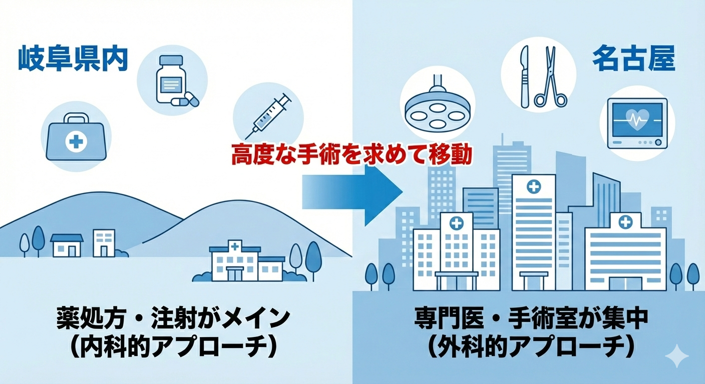 岐阜県内の医療機関は薬処方が中心の内科的アプローチである一方、名古屋には自毛植毛の専門医と外科手術設備が集中していることを示す比較図。患者が高度な医療を求めて都市部へ移動する構造的理由を解説。