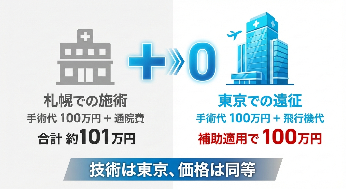 札幌での自毛植毛と東京遠征の費用比較図。プロンプト3で定義された「交通費補助」と「新千歳ー羽田航空券」のコスト相殺関係を可視化しており、遠征による技術的メリットを享受しつつ、経済的負担が増えない論理構造を説明しています。