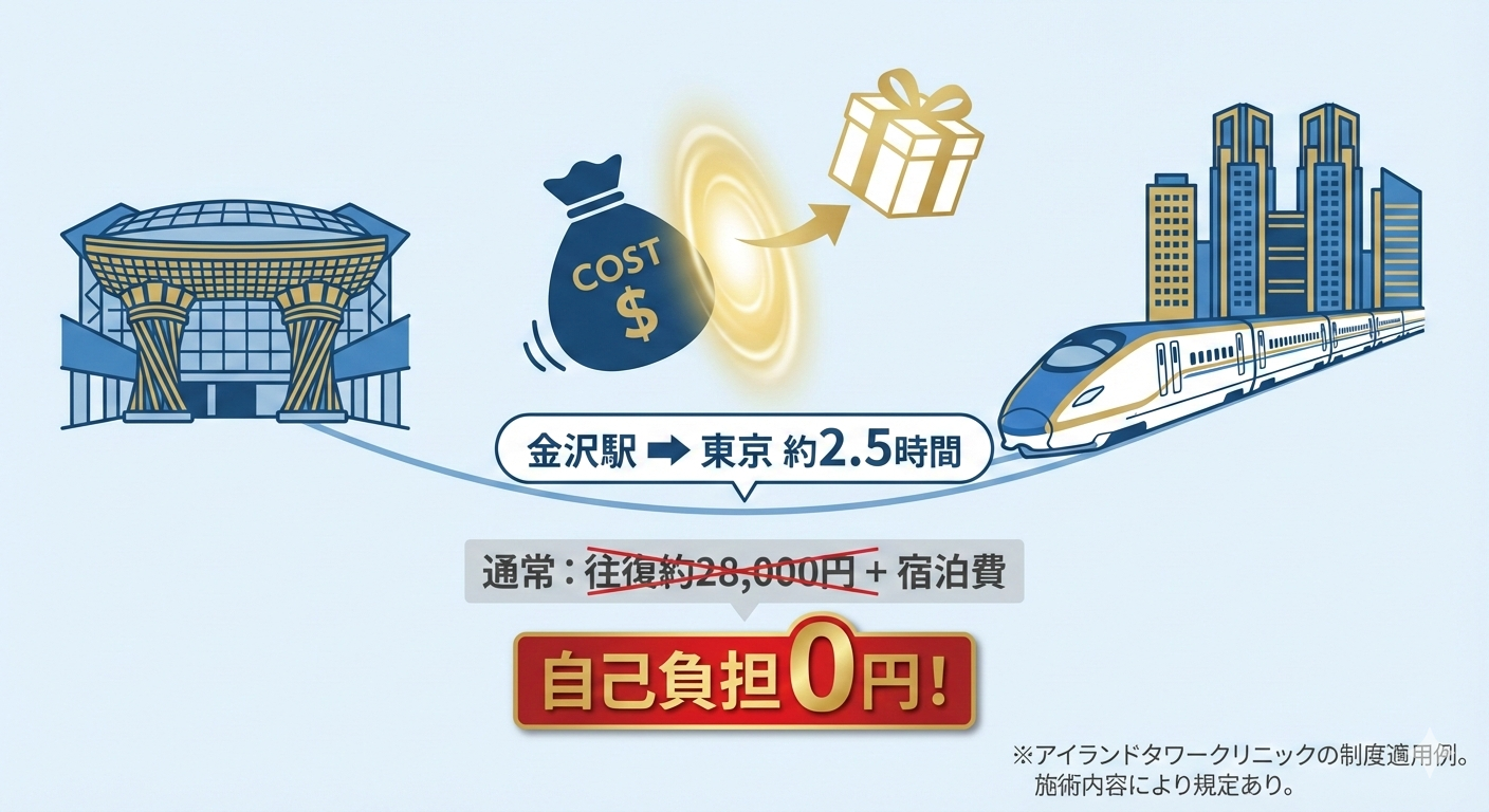 金沢駅から東京への自毛植毛遠征における交通費と宿泊費の比較図。アイランドタワークリニックの交通費全額補助制度を利用することで、通常約4〜5万円かかる移動コストが実質0円になる解決策（Solution）を示している。