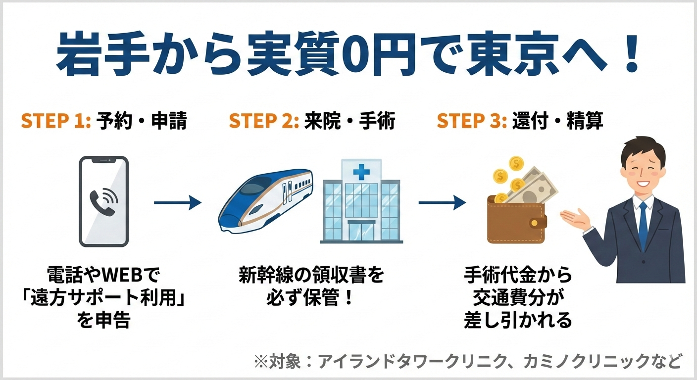 岩手から東京への自毛植毛遠征における交通費・宿泊費サポート制度の利用フロー図。アイランドタワークリニック等が提供するこの解決策により、予約・来院・精算の3ステップで金銭的負担を解消できることを図解。