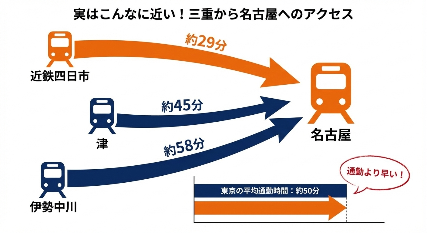 三重県の主要駅（近鉄四日市、津、伊勢中川）から近鉄名古屋駅までの所要時間を示すアクセスマップ。四日市からは特急で約29分と、東京の平均通勤時間（約50分）よりも短いことを示し、名古屋が実質的な通勤圏内（近接関係）であることを表現している。