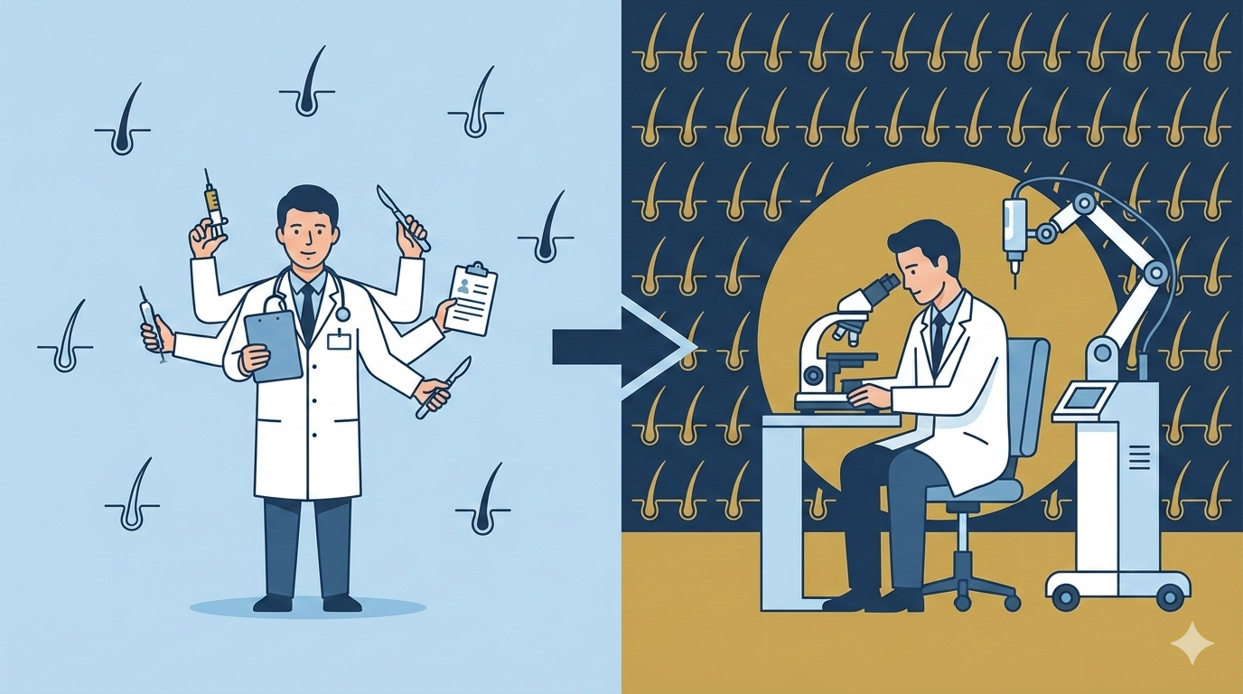 地方の美容外科医（兼業医）と東京の植毛専門医の年間手術件数の比較図解。兼業医は年間数十件程度だが、専門医は数百件以上の経験を持ち、技術力に大きな差があることを示す。