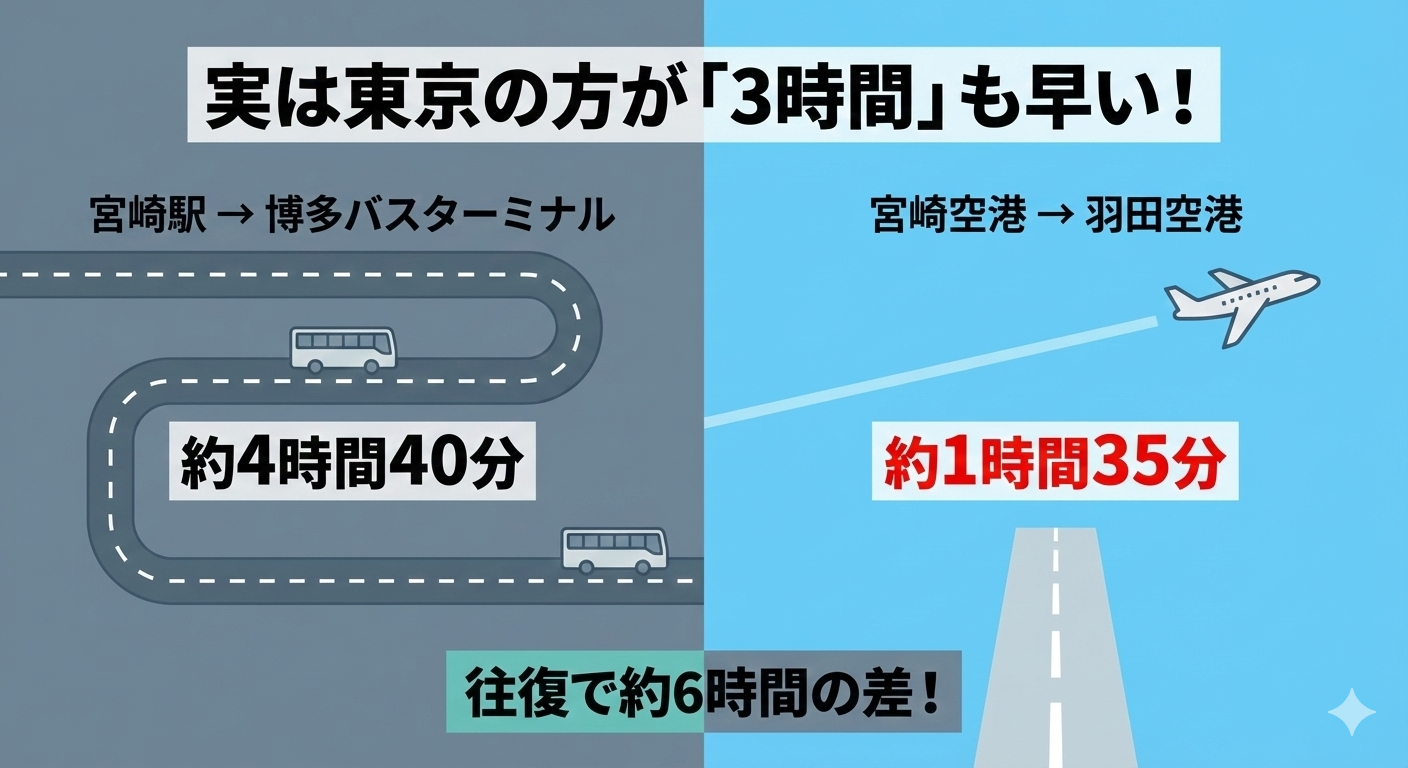 宮崎から福岡への高速バス移動（約4時間40分）と東京への飛行機移動（約1時間35分）を比較したグラフ。東京の方が片道約3時間も移動時間が短いことを示し、身体的負担が少ないという「移動のパラドックス」を視覚化している。