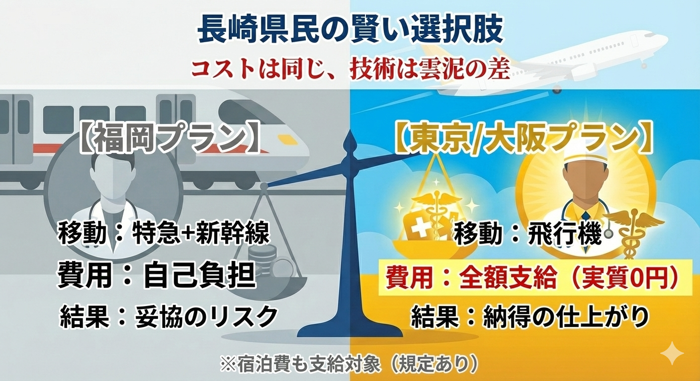 長崎から福岡への自費通院と、東京への交通費支給を利用した通院の比較図。左側の福岡プランは自己負担で妥協のリスクがある一方、右側の東京プランは交通費全額支給で実質負担がなく、国内最高峰の技術を受けられることを示しており、投資対効果（ROI）の観点で東京プランが優れていることを表現している。