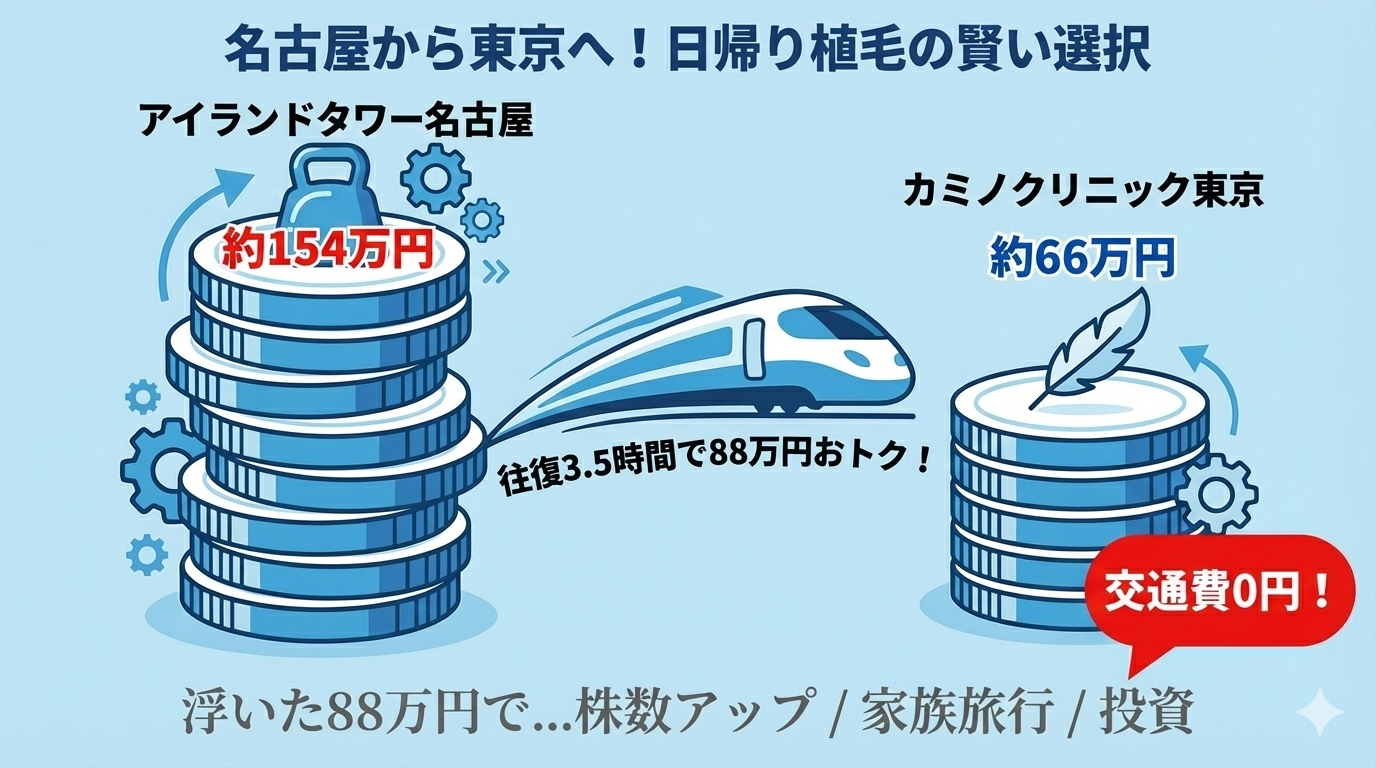 名古屋から東京のカミノクリニックへ通院した場合の費用比較図解。アイランドタワー名古屋（約154万円）とカミノ東京（約66万円）を比較し、交通費全額補助により移動コスト実質0円で、総額約88万円の差額が出ることを示している。移動の手間と経済的メリットのトレードオフ関係を視覚化。