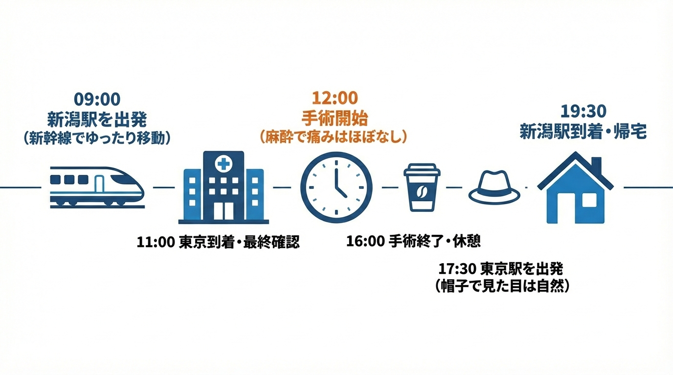 新潟駅から東京のクリニックへの日帰り自毛植毛手術のタイムスケジュール図