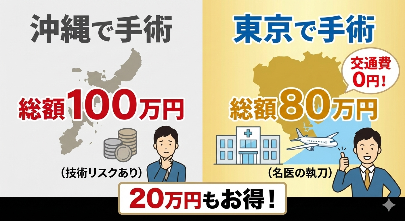 沖縄での自毛植毛費用（100万円）と、交通費全額支給制度を利用した東京での手術費用（80万円）の比較図解。東京の方が総額が安くなり、かつ専門医による執刀が受けられるという経済合理性（コストパフォーマンス）を示している。