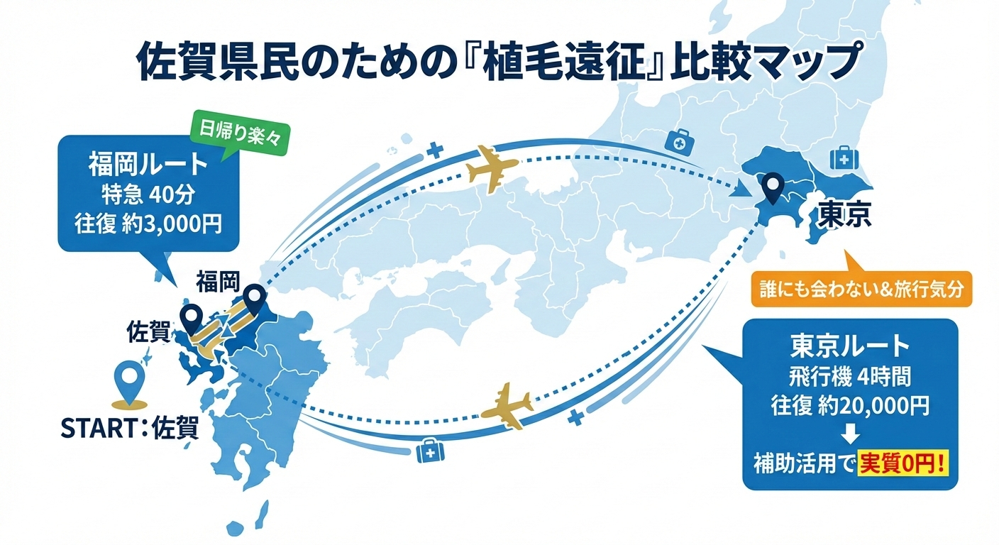 佐賀県から福岡市への特急移動（約40分・3,000円）と、東京都への飛行機移動（約4時間・交通費補助で実質0円）を比較した日本地図のインフォグラフィック。佐賀県民にとって、近場の福岡と、実績のある東京のアイランドタワークリニックの両方が、現実的な自毛植毛の選択肢であることを示している。