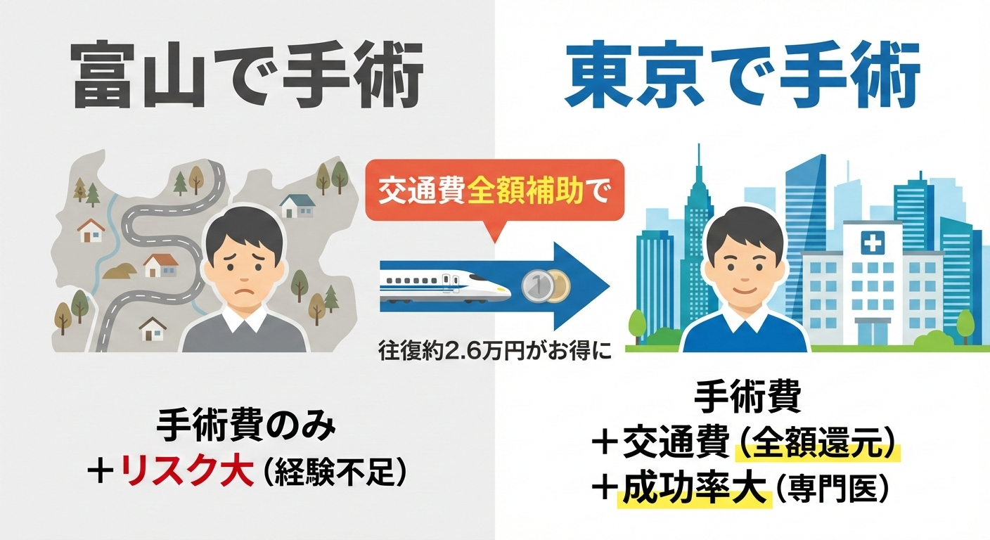 富山から東京への自毛植毛遠征における費用対効果の比較図解。地元での手術は移動費がかからないが経験不足のリスクがあり、東京での手術は交通費全額補助により移動コストが実質0円になり、かつ専門医による成功率が高いことを示している。